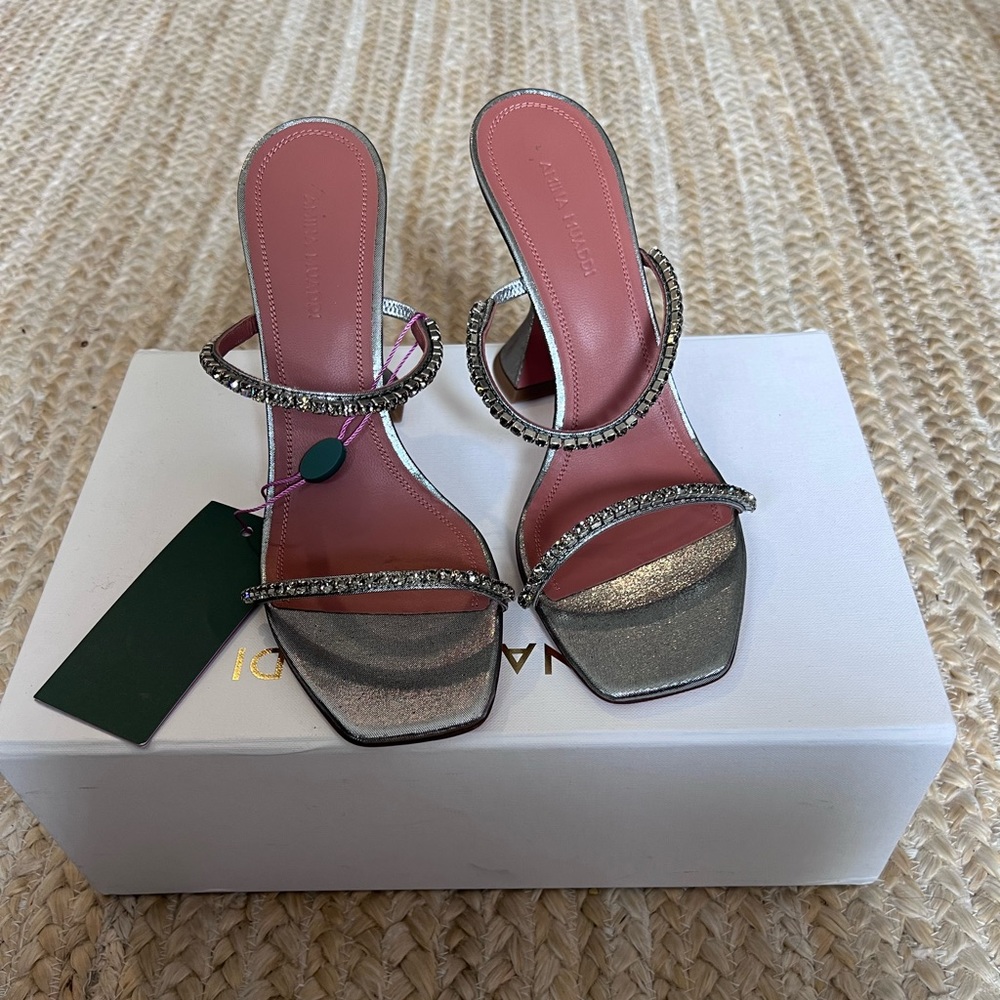 Brand new Amina Muaddi silver Gilda heels with signature heel and tags attached